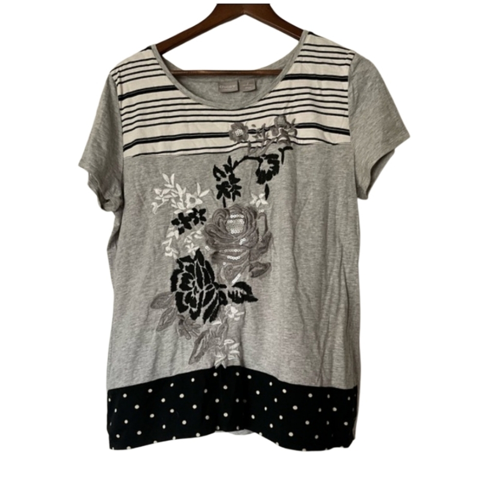 Chicos Zenergy Grey Blue Floral Polka Dot Short Sleeve T Shirt Size 2 L 12